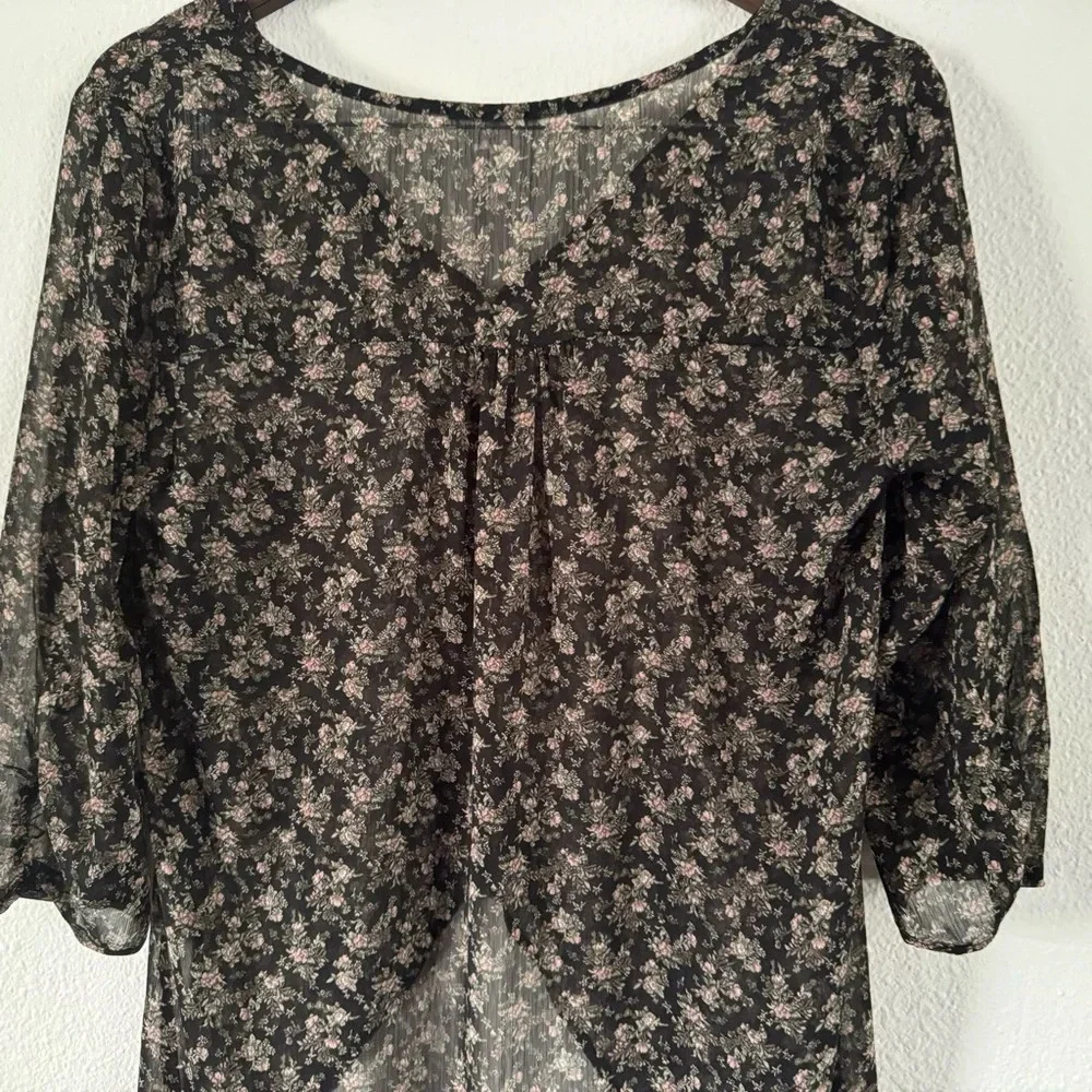 Boho Floral Kimono Blouse Sheer High Low Button Front Dressy Top Small - Picture 4 of 14